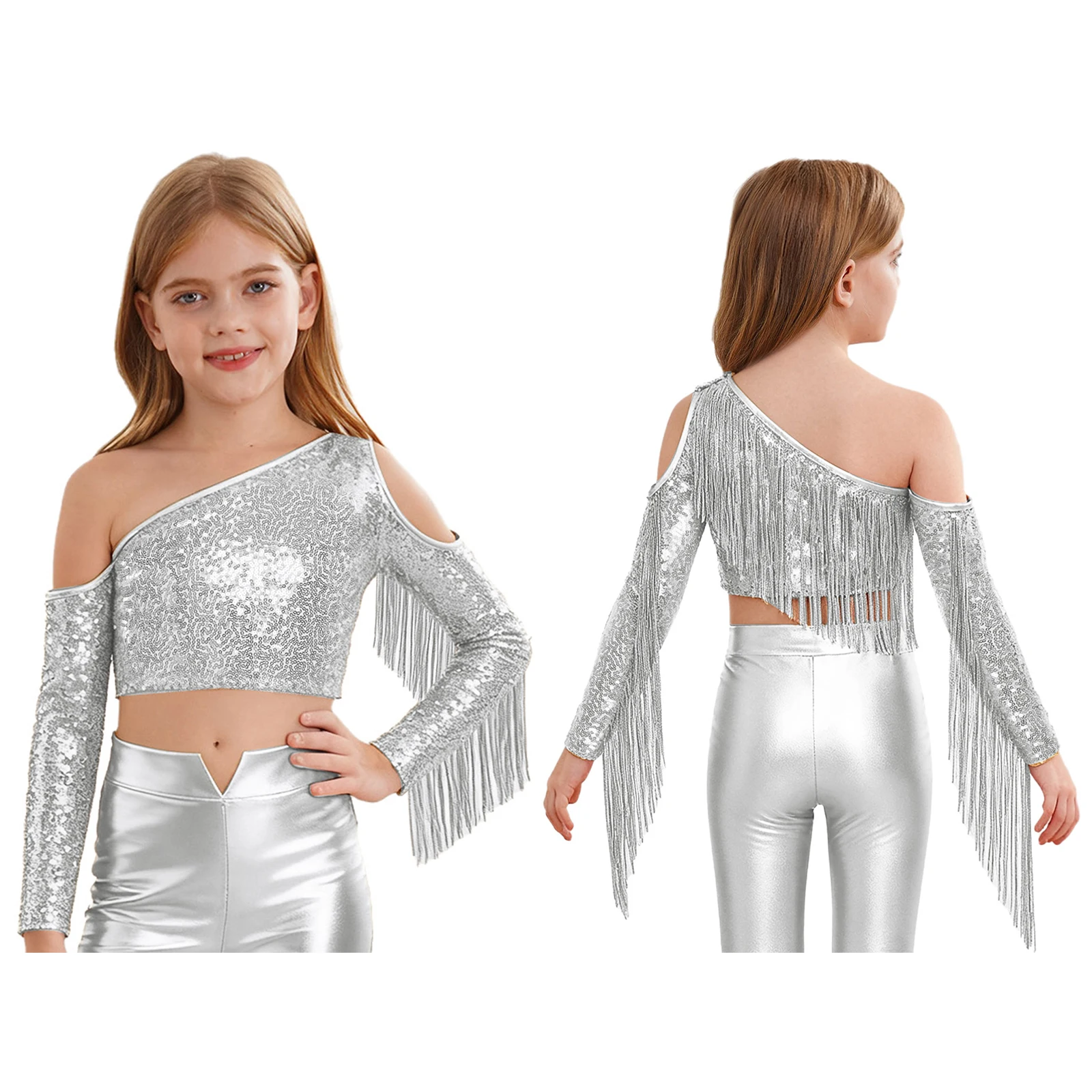 Kids Girls 80s Disco Dance Costume One Shoulder Long Sleeve Crop Top with Bell-bottoms for Lyrical Belly Jazz Dance And Pageant