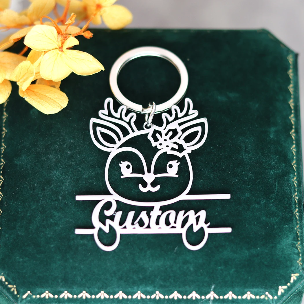 QIAMNI Cute Cartoon Deer Pendant Christmas Custom Name Letter Keychain Couple Backpack Car Keyring Party Jewelry Decoration Gift