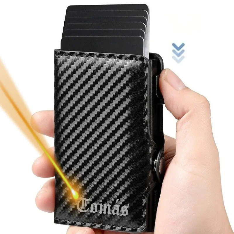 Customized Name RFID Blocking Credit Card Holder Men Women MIni Slim Pop-Up Wallet Carbon Fiber Id Bank Purse Father's Day Gifts