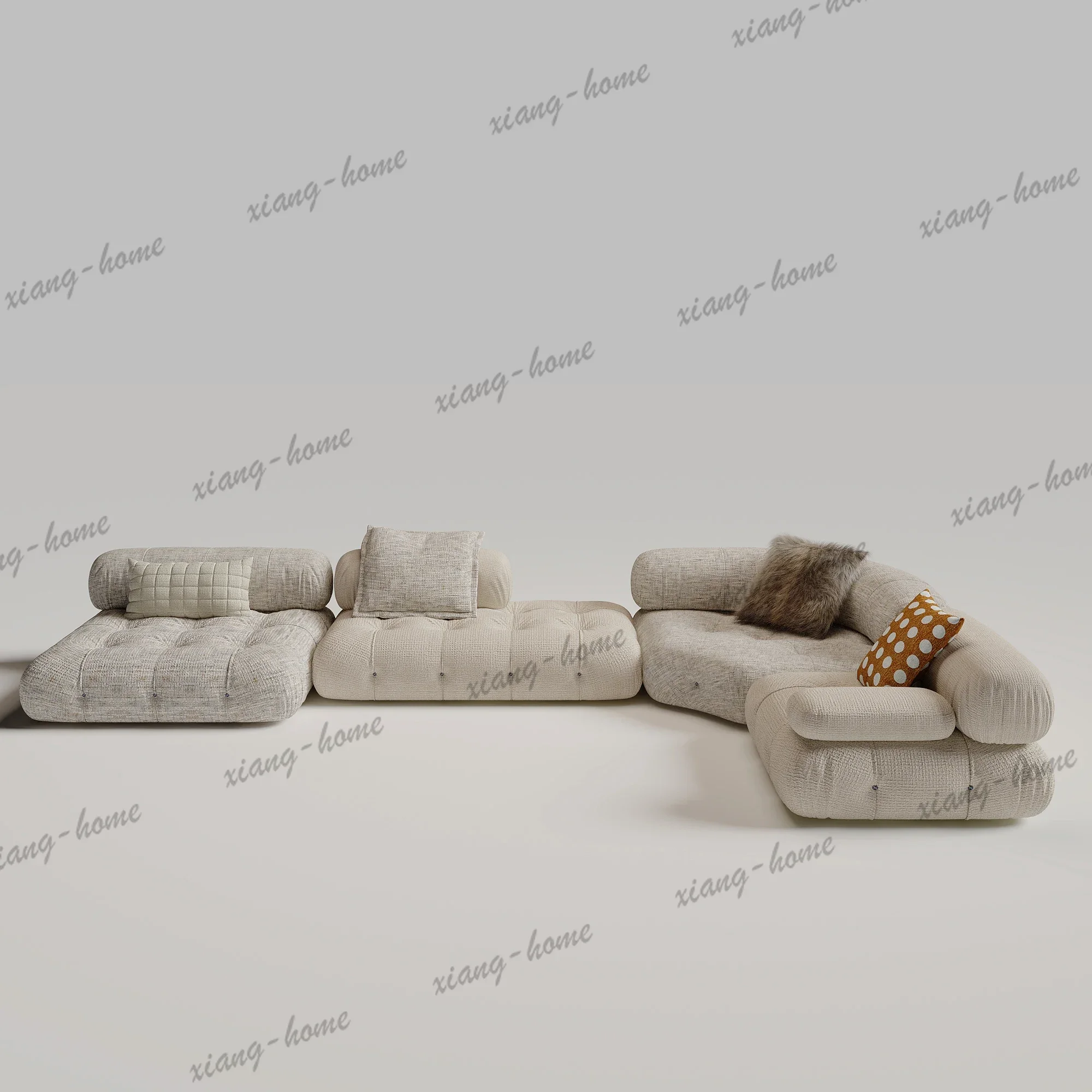 Taupe And Cream Modular Floor Sofa Tufted Boucle Upholstery L Shaped Chaise With Ottoman Cylinder Armrest For Living Room Villa