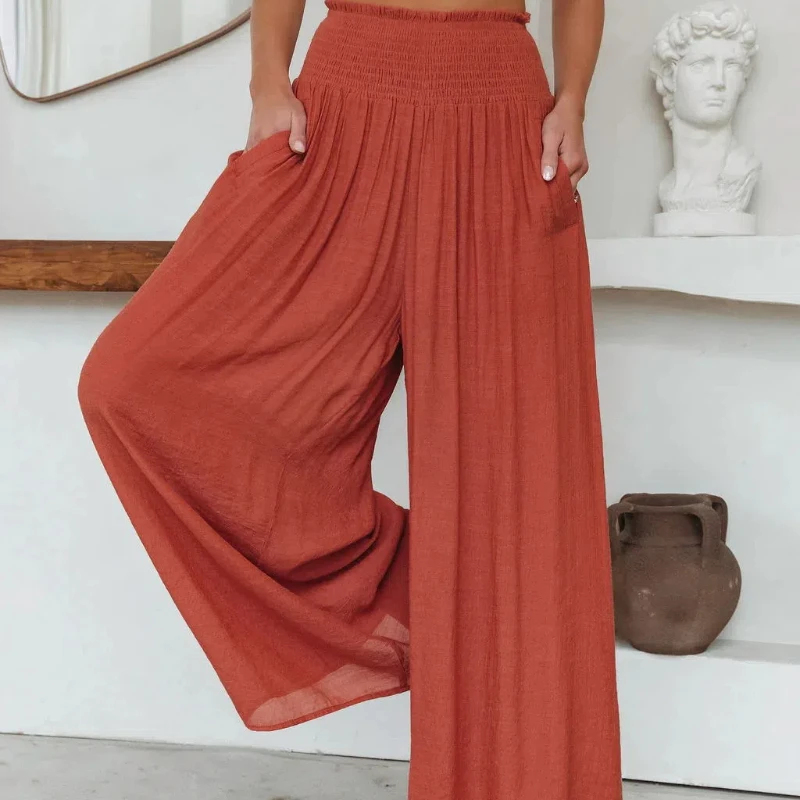 

Summer 2024 Women's Spliced Elasticized High-waisted Pocket Folds Fashion Solid Color Loose Minimalist Versatile Casual Pants