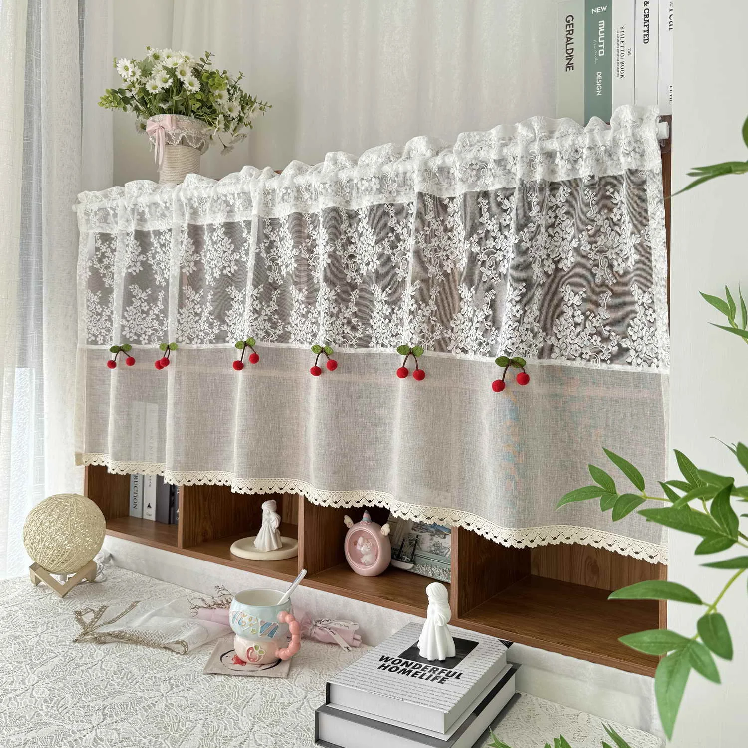 Countryside Fresh Small Floral Red Cherry Embroidery Lace Short Curtain Top Rod Pocket For Living Room Bedroom Bay Window Drapes