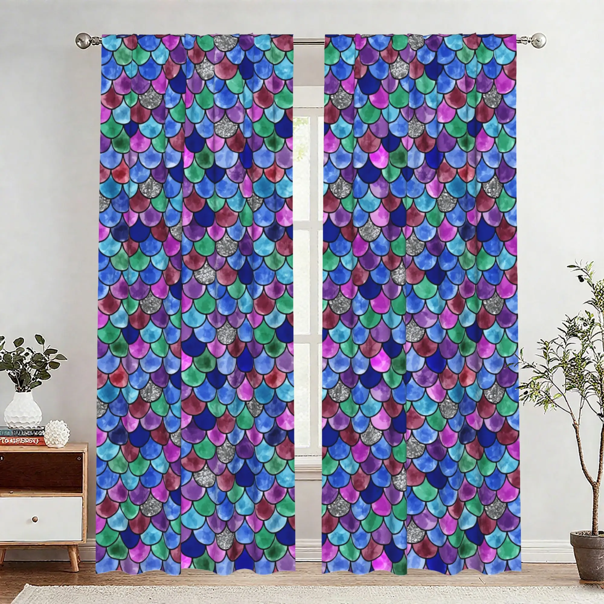 2pcs Blue Fish Scale Curtains Pair Decorative Iridescent Tropical Window Panels Ocean Pattern Living Room Curtains Set Home Deco