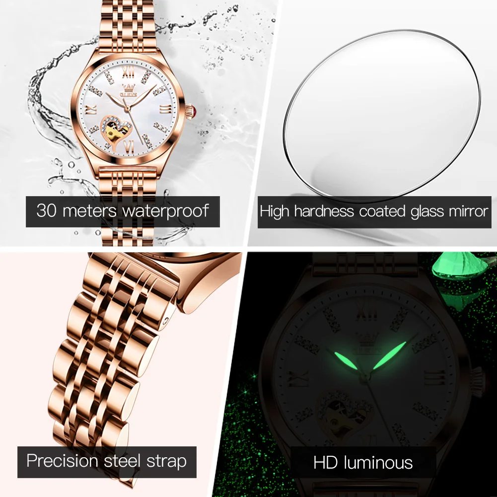 OLEVS Brand 2024 New Fashion Hollow Mechanical Watch for Women Luxury Stainless Steel Strap Waterproof Luminous Womens Watches