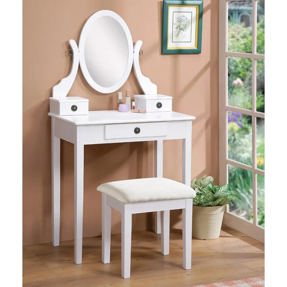 

White Wood Vanity Table and Stool Set, Dressing Table Dressers for Bedroom Furniture, Easy To Assemble, Free Shipping