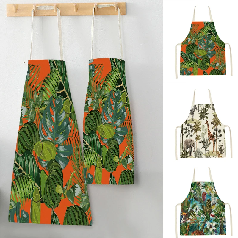 Tropical Plants Pattern Kitchen Aprons for Women Men Cooking Linen Sleeveless Animal Zebra Monkey Apron Baking Accessories Bibs