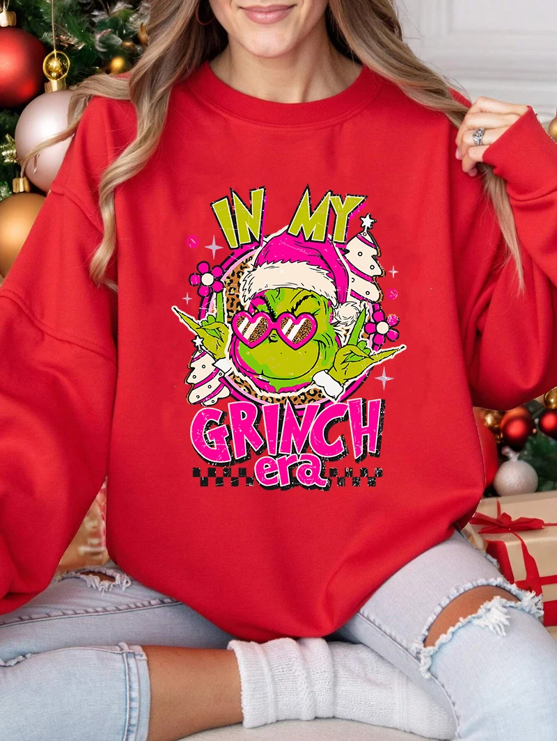 Christmas Sweatshirts Women In My Grinch Era Print Red Hoodies Crewneck Loose Fleece Pullover Winter Warm Tops Woman Clothes