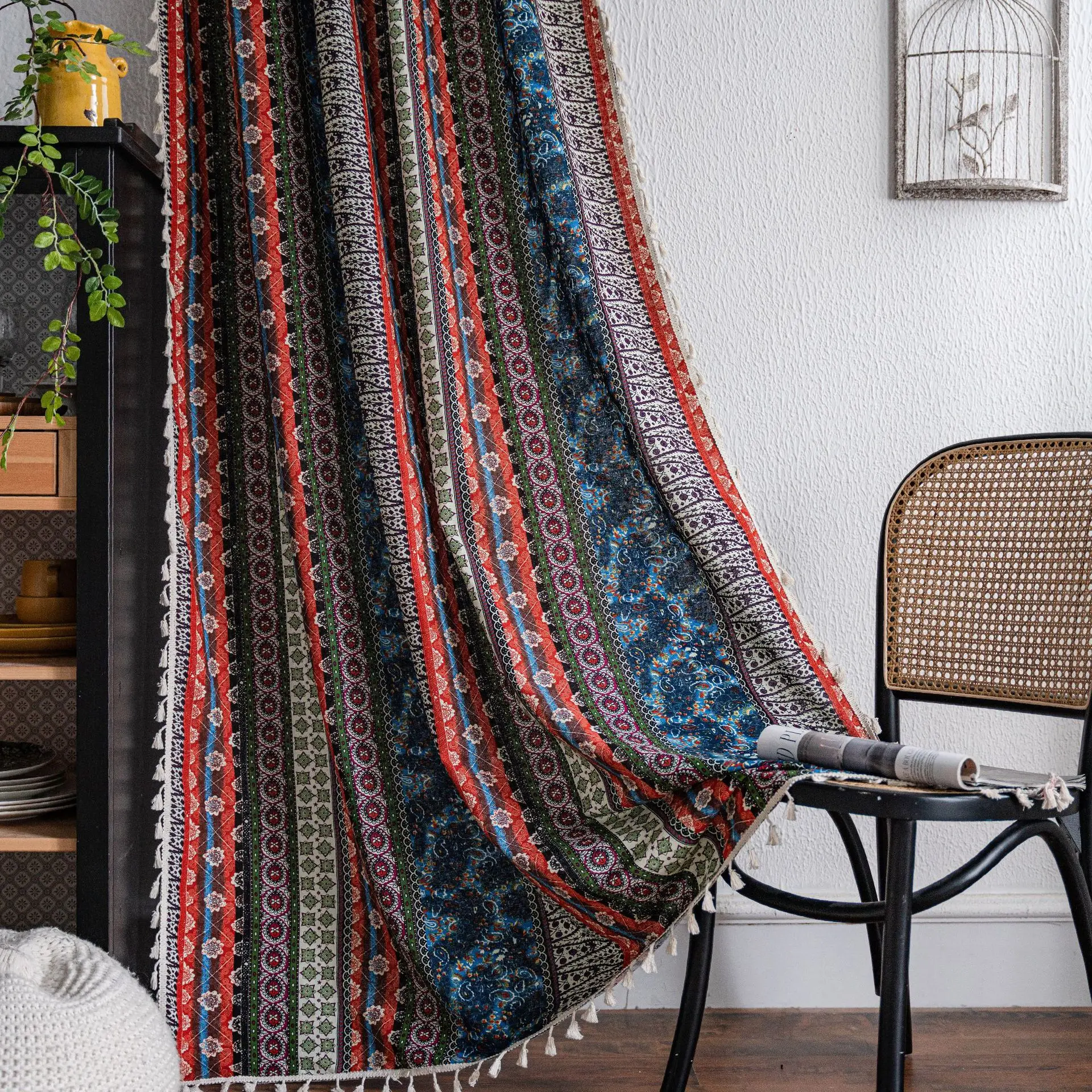 1PCS Vintage Cotton Linen Curtain Bohemian Printing Curtain Panels Rod Pocket Drapes Window Living Room Semi-transparent Curtain