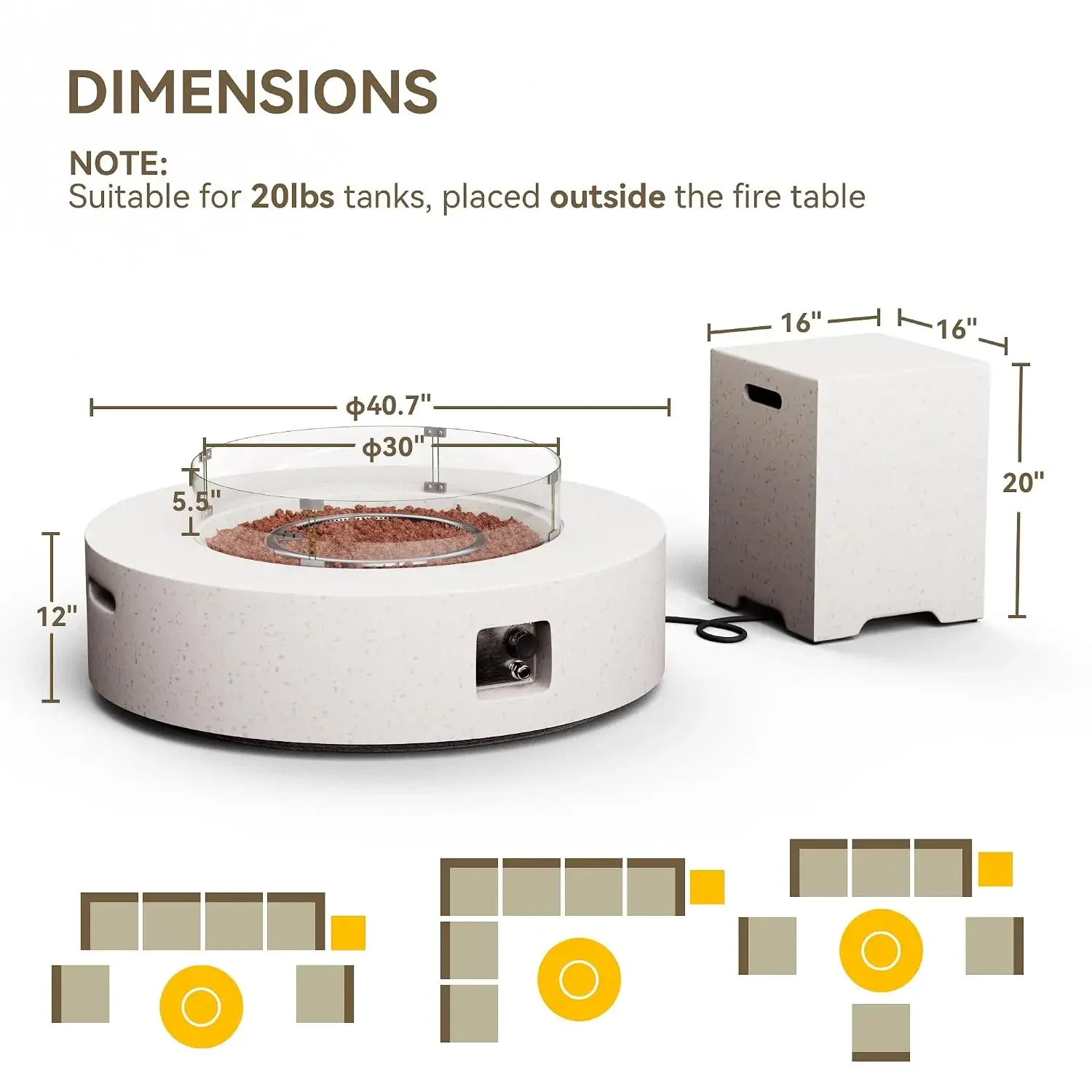 2-Piece Outdoor Firepit Table Set w Tank Table, 42 inch Dark Fire Table Certified, 50,000 BTU w Beige Round, Customized