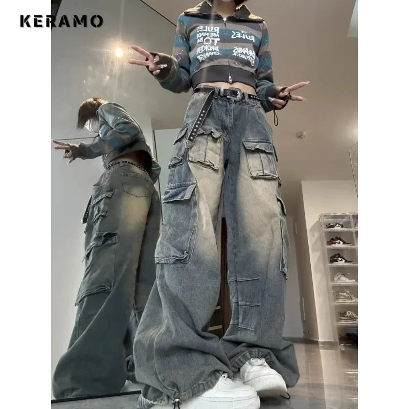 

2023 Winter Y2K Harajuku Pockets Wide Leg High Waist Jeans Grunge Pants Women's Vintage Slim Streetwear Club Denim Trouser