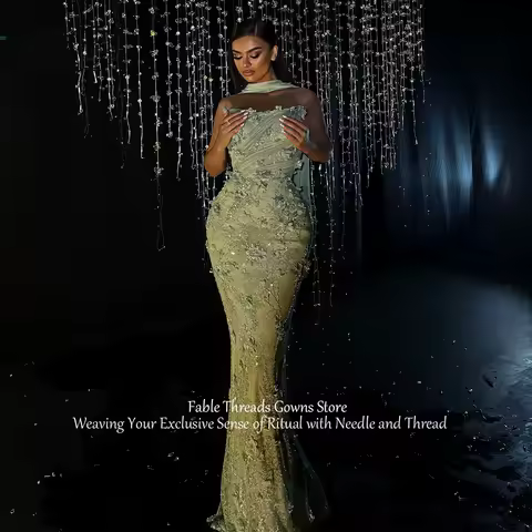 FableT Sage Green Gorgeous Mermaid Long Evening Dress Illusion 3D Flowers Lace Wedding Party Gown Customized Stunning Prom Dress