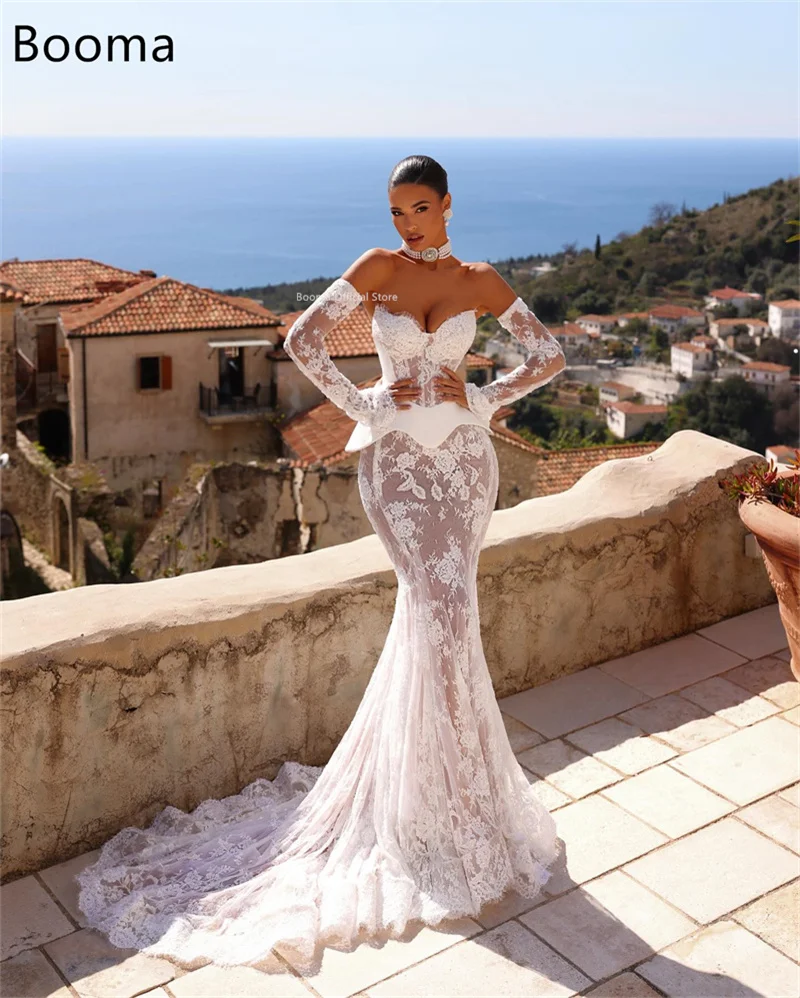 Booma Zeemeermin Eenvoudige Kant Trouwjurken Kant Mouwloos Spaghetti Plooi Elegante Bruidsjurk Op maat gemaakt 2025