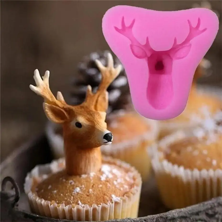 1 Pcs Christmas Pink Spotted Elk Head Silicone Mould Fondant Sugar Craft Mold For Cake Decor Handmade Soap House Baking Ornament