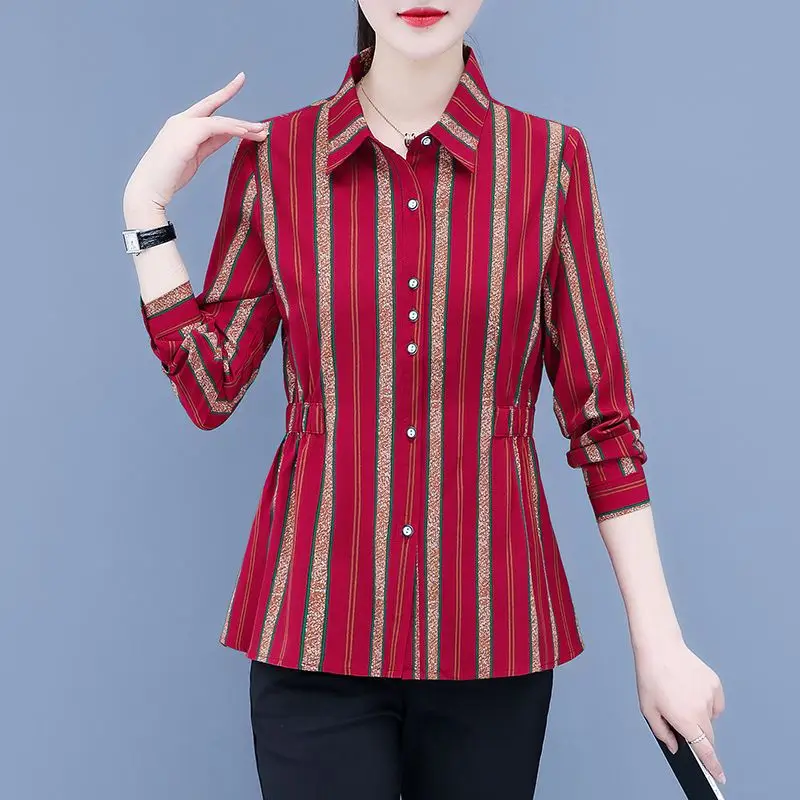 Striped All-match Fashion Women\'s Clothing 2023 Spring Long Sleeve Button Slim Tops Women New Elastic Waist Shirt