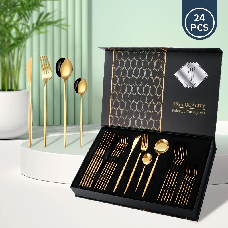 Ensemble de vaisselle populaire en acier inoxydable, couteau à steak, cuillère à dessert, coffret cadeau de style occidental, 24 pièces