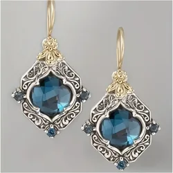 Engraved rhombus blue synthetic gemstone decorative pendant earrings retro elegant style jewelry exquisite women's earrings