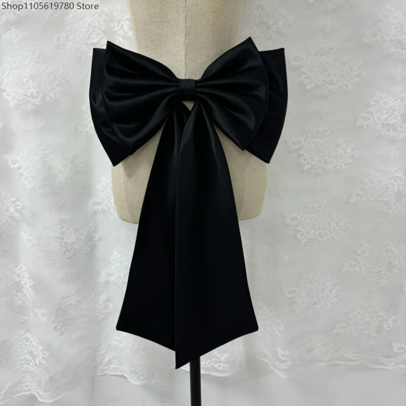 2026 Black Double Layer Satin Streamer Bow Ornament Decor For Wedding Gown Daily Dress Matching Cosplay Outfit Accessory