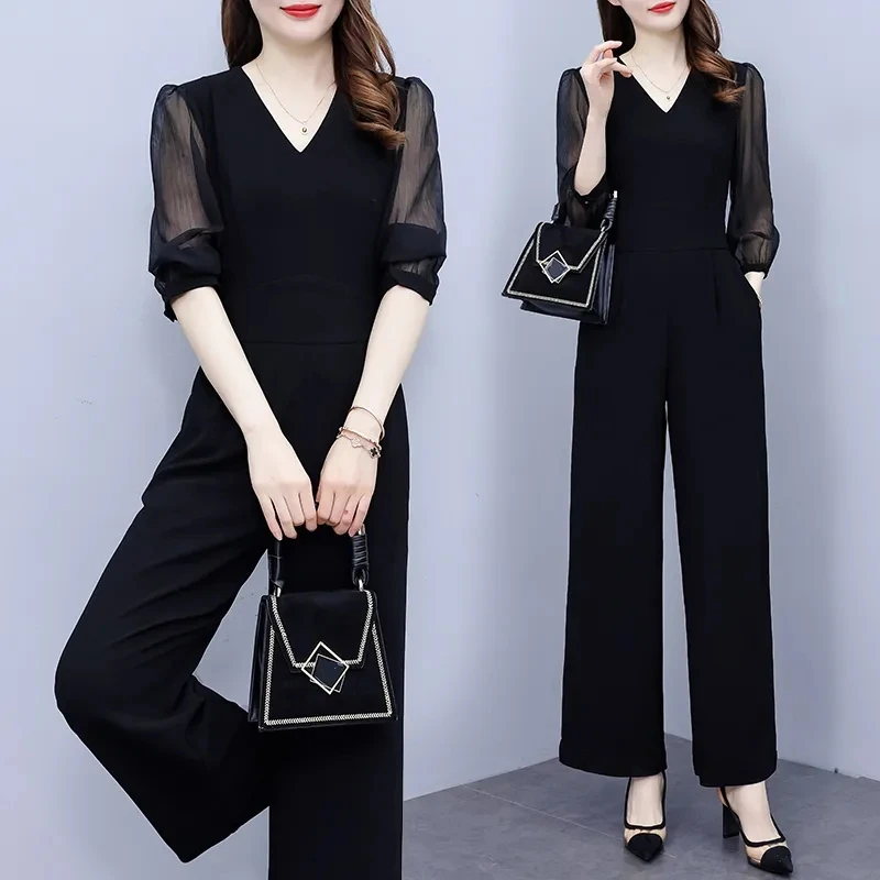 2024 Nieuwe Lente En Zomer Mode Stemming Jumpsuit Zwarte Hoge Taille Slanke Cropped Mouw Chiffon Wijde Pijpen Jumpsuit Dames