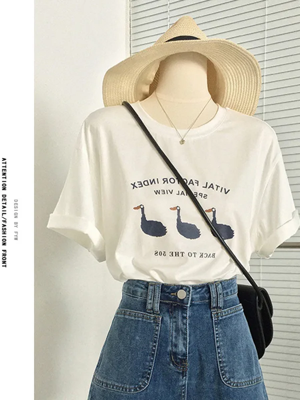 เสื้อยืดผ้าฝ้ายแท้พิมพ์ลายดีไซน์ใหม่ปี 2025 ทรงหลวม สไตล์เกาหลี แขนยาวคลุมไหล่ สำหรับผู้หญิง ฤดูร้อน