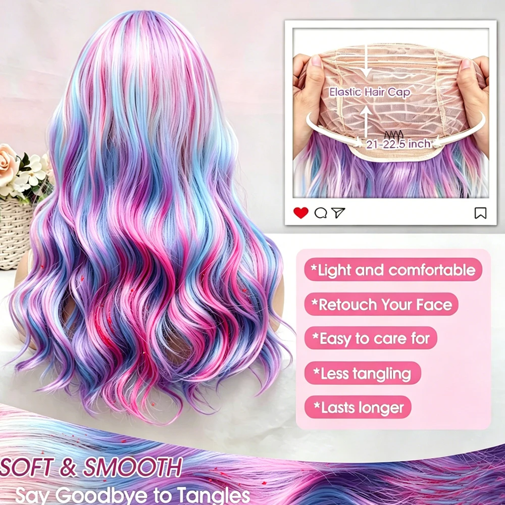 24in Rainbow Wigs,Mermaid Wig,Long Rainbow Color Wavy Hair Dreamy Unicorn Wigs for Women,Multi-Color Pastel Colorful Halloween