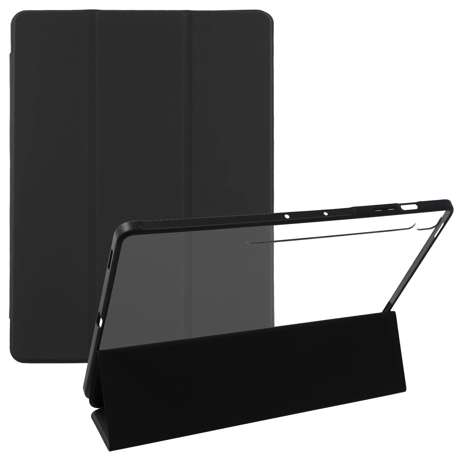 

For Samsung Galaxy Tab S10 FE+ Case Skin-Touch Tri-Fold Stand PU Leather TPU Acrylic Clear Tablet Cover - Black