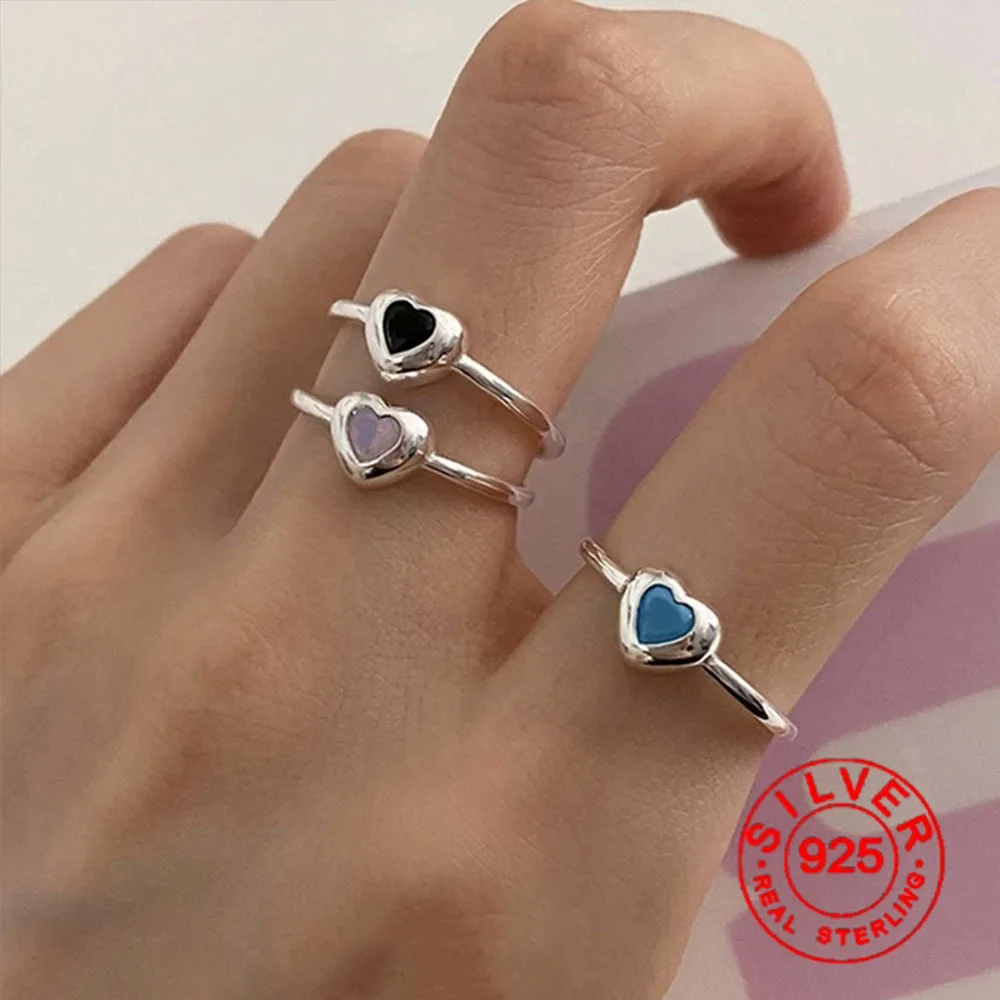 BF CLUB Silver Color Blue Black Heart Rings For Women Counple Wedding Engagement Silver Women's Vintage Ring Fine Jewelry