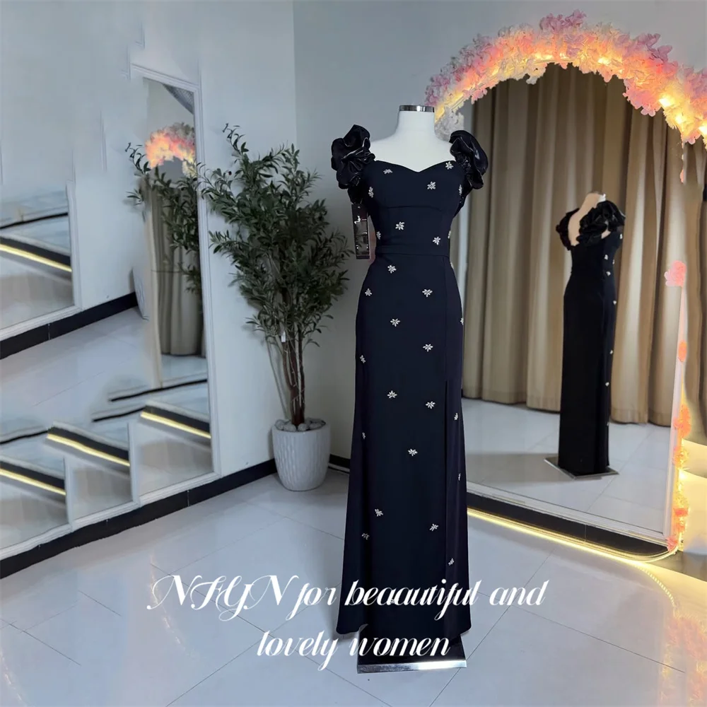 NFYN bleu marine robe de soirée Satin chérie robe formelle cristal robes de noël avec manches bouffantes robe de bal personnalisé