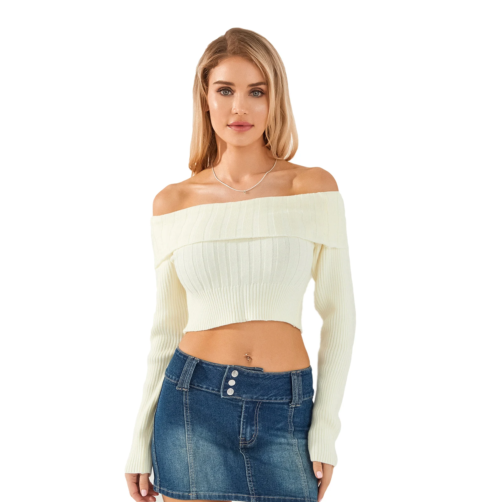 Women Knit Crop Tops Solid Color Boat Neck Long Sleeve Sweater Spring Fall Casual Slim Fit T-Shirts Streetwear