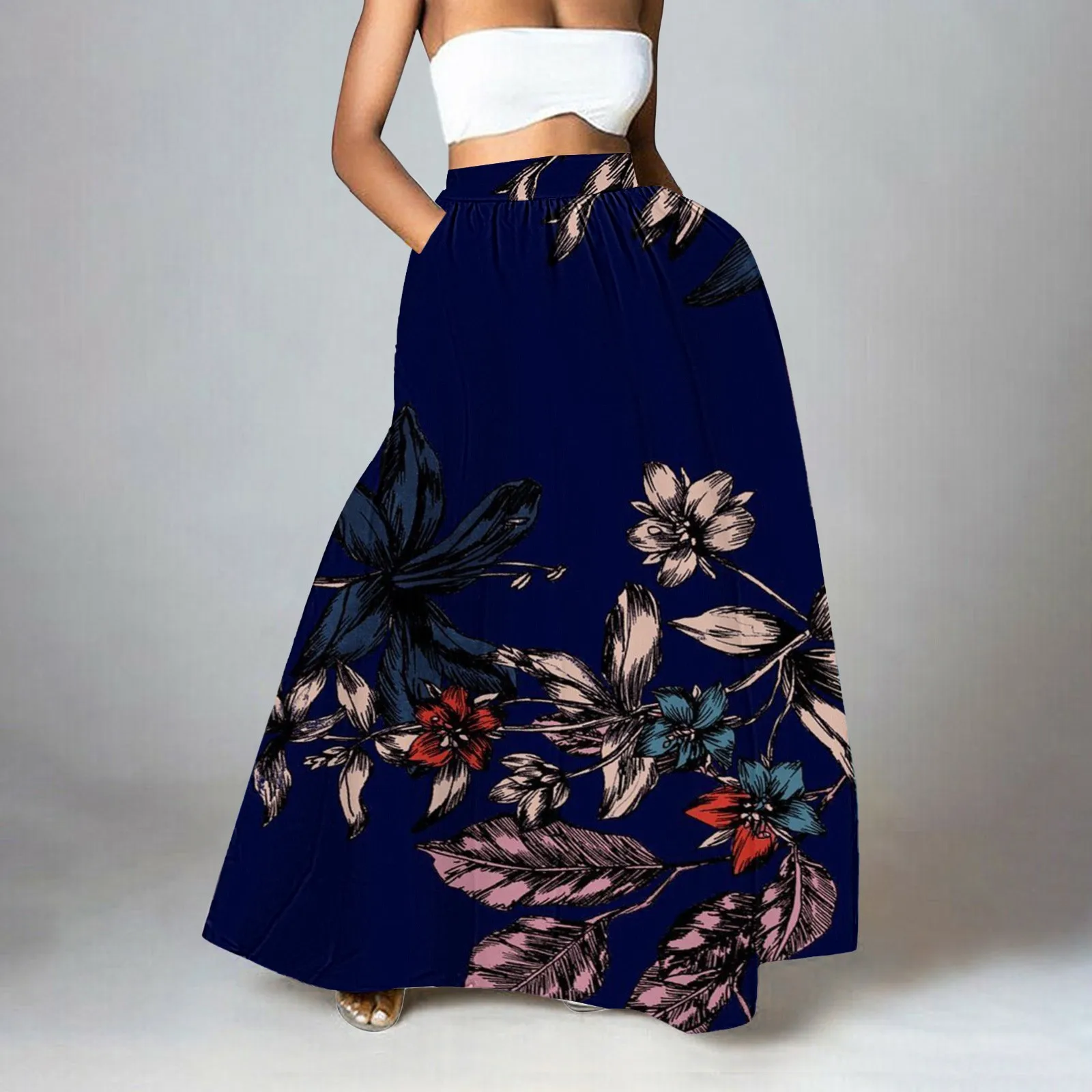 Women Floral Print Skirt High Waist Party Beach Pocket Long Maxi Slit Skirt Hoop Skirt for Women Maternity Skirts Womens Skirt