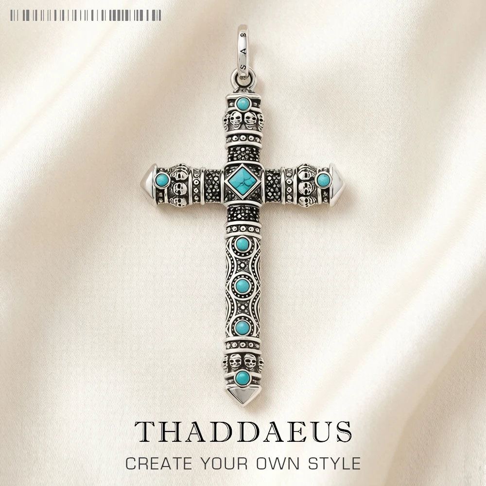 Pendant Cross Blue Stone,Brand New Pure 925 Sterling Silver Jewelry Europe Turquois Accessories Faith Gift For Woman Men