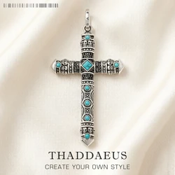 Pendant Cross Blue Stone,Brand New Pure 925 Sterling Silver Jewelry Europe Turquois Accessories Faith Gift For Woman Men