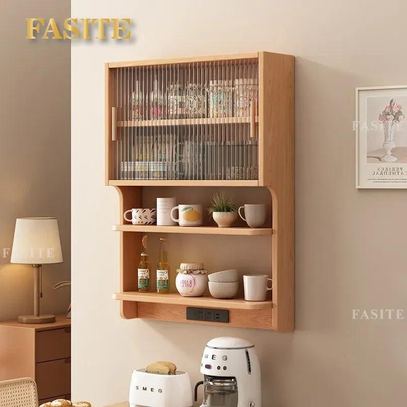 For Solid Wood Suspended Dining Side Cabinet Rubber Wood Wall Mounted Rack Nordic Style Locker Storage Shelf for Dining Room