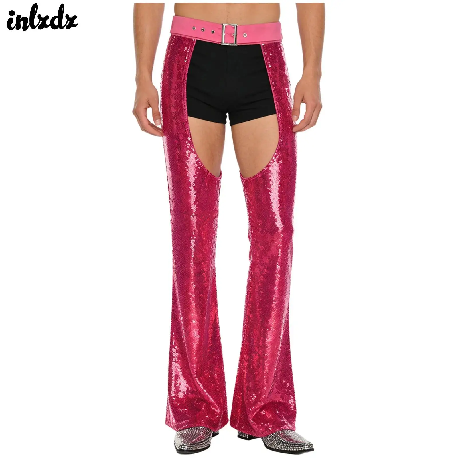 

Mens Glittery Sequin Adjustable Waist Crotch Cowboy Chaps Pants Hollow Out Fully Lined Flared Pants Masquerade Club Costume