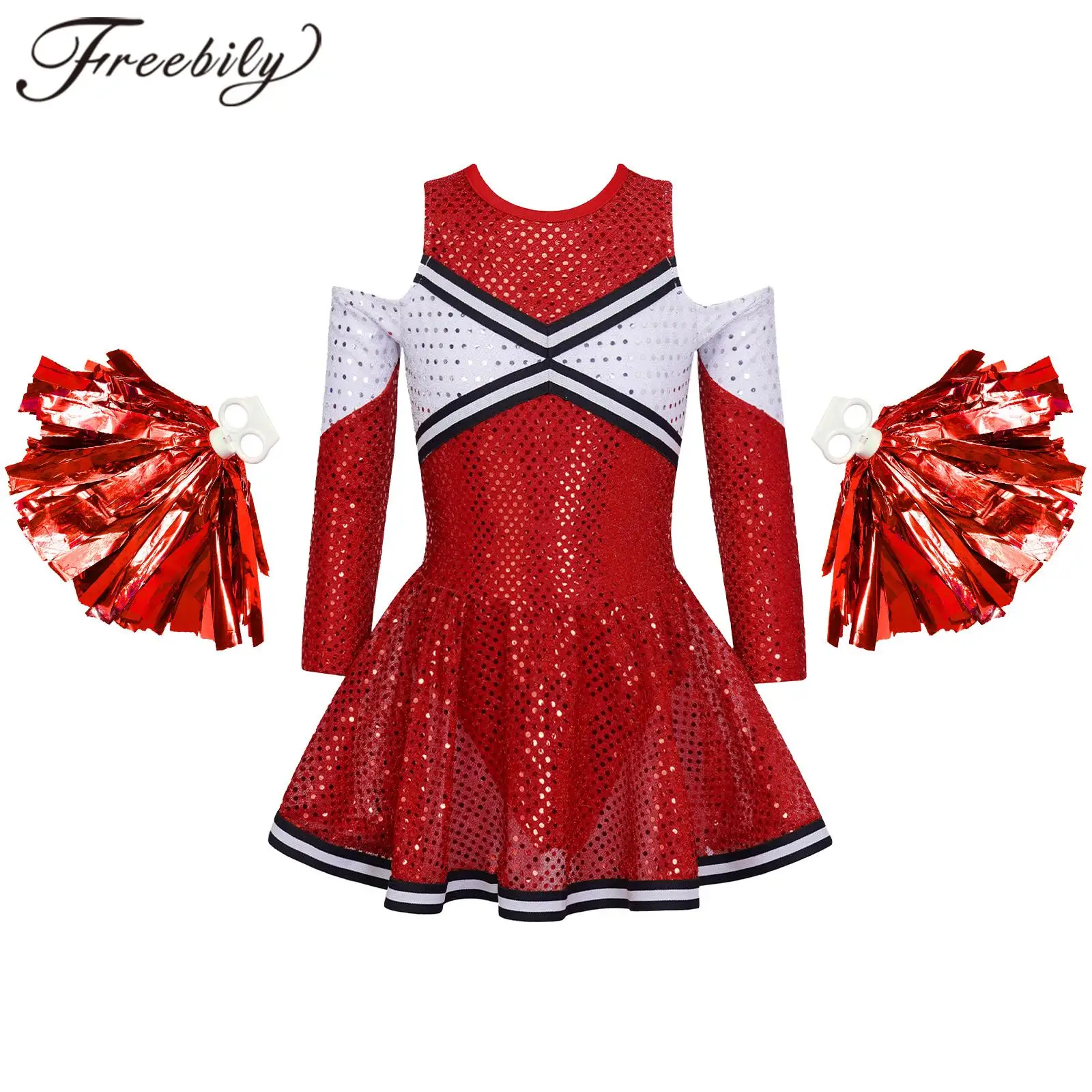 Cheerleaderkostuum voor kinderen Kinderen Cheerleading Uniformen Schoolmeisjes Jurk met lovertjes en bloemballen Set Juichende danskleding