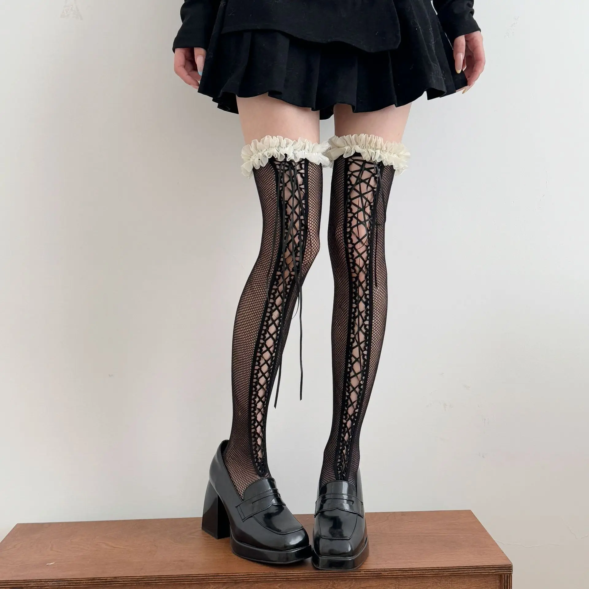 Sexy Cross-strap Hottie Style Fishnet Stockings Lace Trim Hollow Out Black Over Knee Socks Thigh-high Mesh Stockings