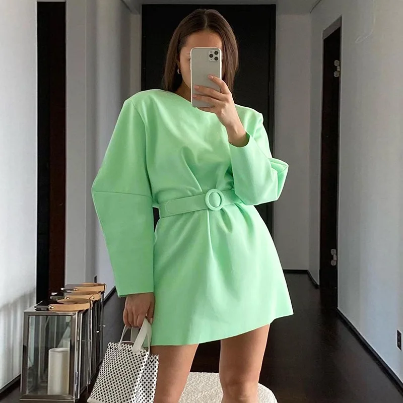 

Fashion Autumn/Winter and Elegant Women's Loose Skirt Temperament Belt Belt Round Neck Long Sleeve Stitching Large Swing Dress