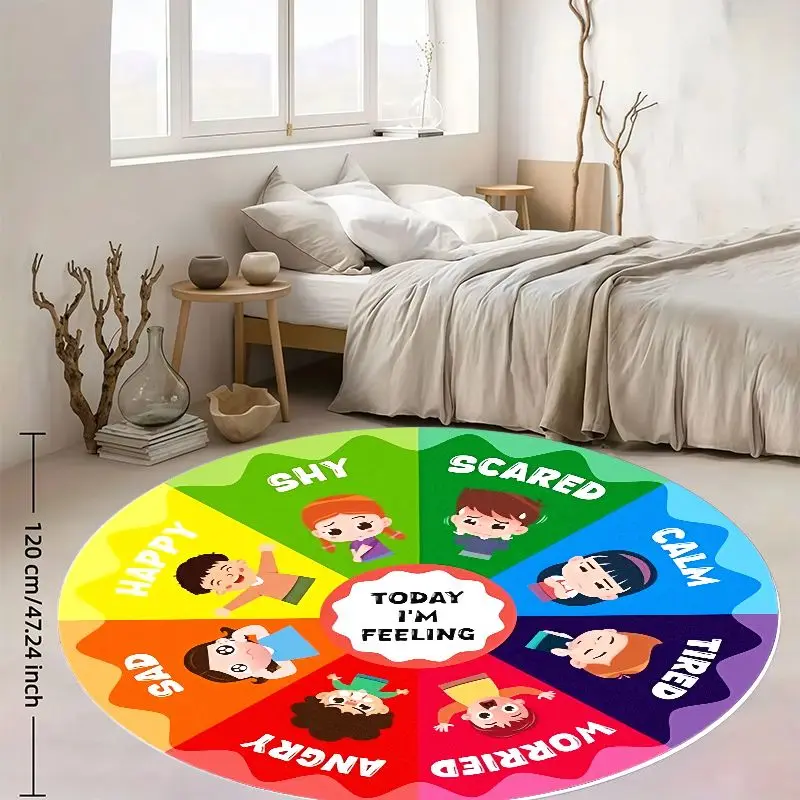 Emotion Wheel Kids Round Rug Flannel Educational Feelings Chart For Toddler Room Calm Angry Happy Sad Scared Tired Worried Shy