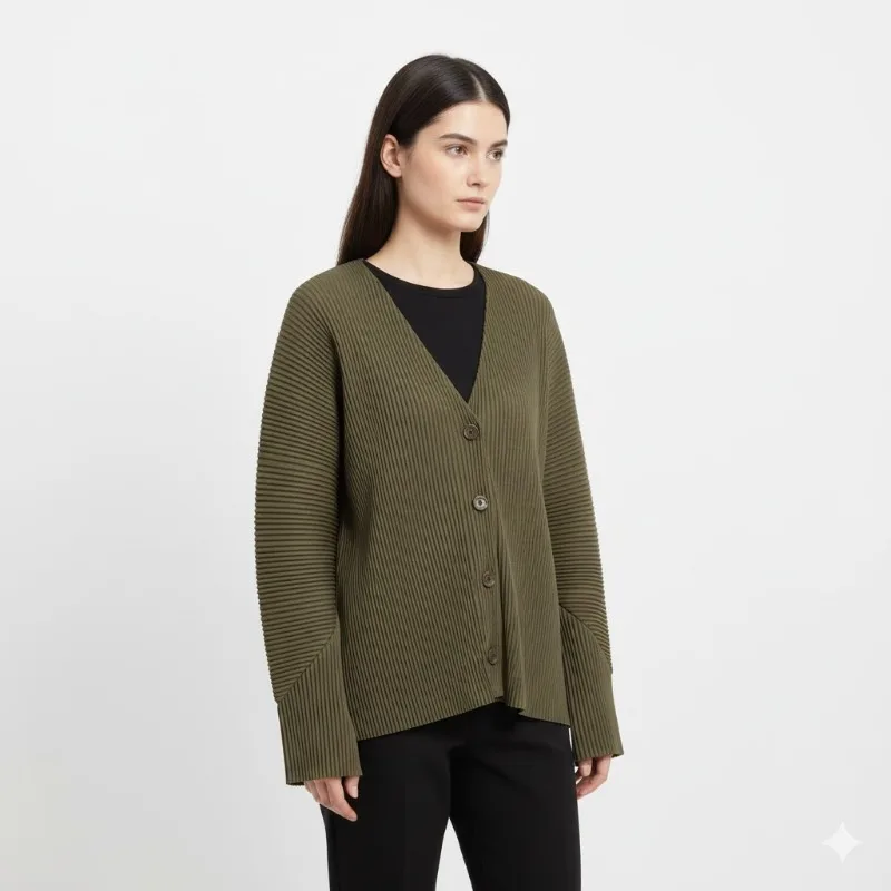 

2025 Miyake Pleated Jacket Women Plisse Cardigan Fall New Casual Texture Sense V-neck Thick Toothpick Peplum Temperament Tops