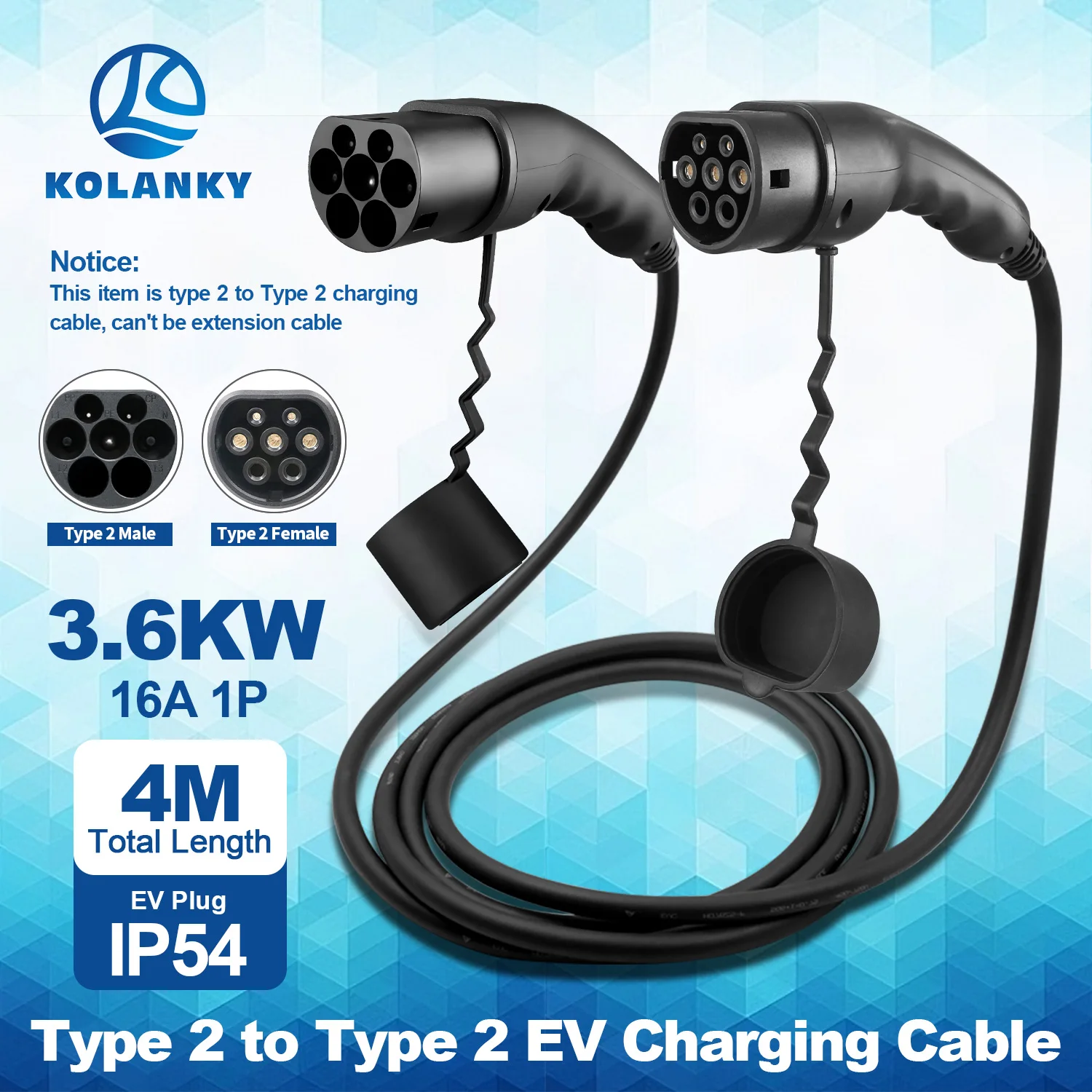 Kolanky EV Charging Cable 3.6KW Type 2 To Type 2 Charger Cable 16A EV Charger Male Plug to Female Plug EVSE Charging Total 4M