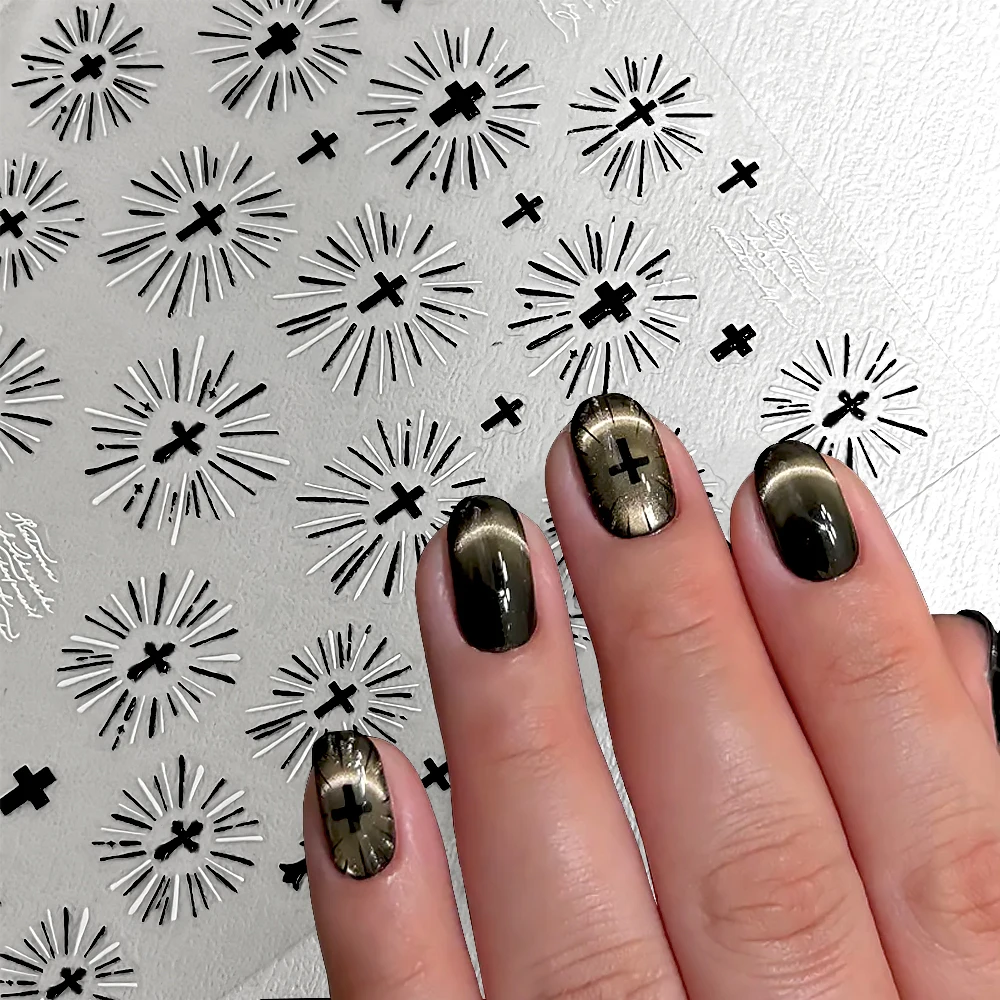 1 stks Donker Kruis Heilig Licht Nail Art Stickers Goud Gestempeld Franse Lijnen 3D Zelfklevende Nail Decals DIY Stralende manicure Sliders