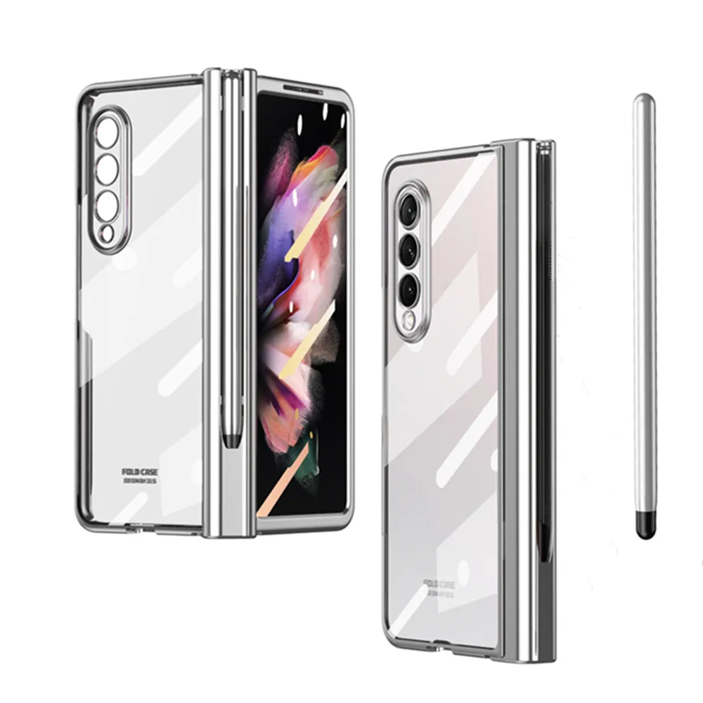 

1pc S Pen Fold Edition Case for Samsung Galaxy Z Fold2 Z Fold3 4 Pencil Slot Electroplating Clear Back Cover with Tempered Glass