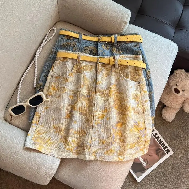 2026 Summer Spicy Girl Vintage Tie Dye Skirt Women High Waist Slim A Line Mini Skirt Anti Exposed Casual Street Short Bottoms