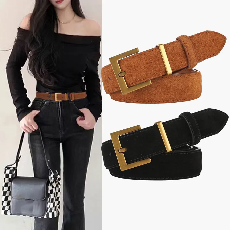 حزام جلد سويدي فاخر للسيدات كاجوال مع جينز مربع ذهبي بإبزيم حزام نسائي أنيق من جلد البقر الأسود والبني حزام عريض