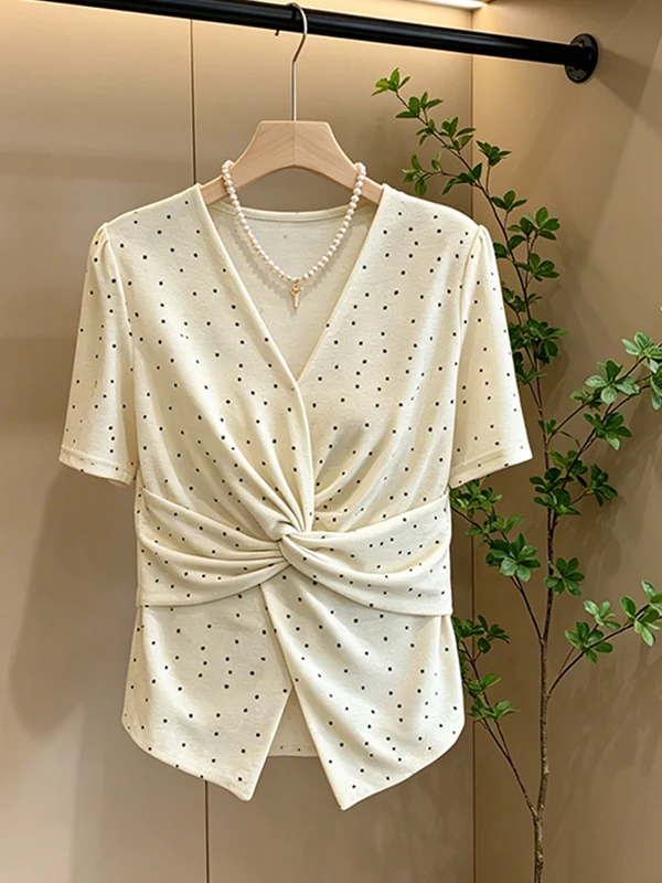 

Summer Women's Polka Dot V-Neck Design Short Sleeve T-Shirt Flared Belly Cover Fashionable Top Breathable Korean Style Casual...
