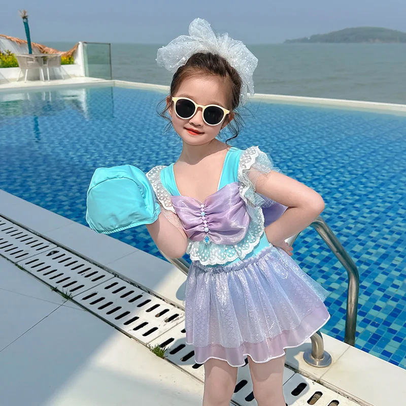 

Swimsuit Kids Girl 2024 New Baby Mermaid Princess Cartoon One Piece Tulle Swimsuits Children's Swim Dress and Swim Cap 2 Sets