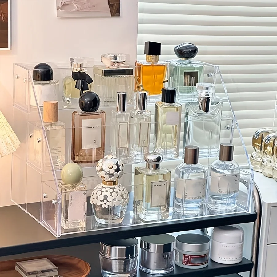 Perfume storage rack desktop vanity skincare cosmetics organizer box transparent three-tier tiered display stand