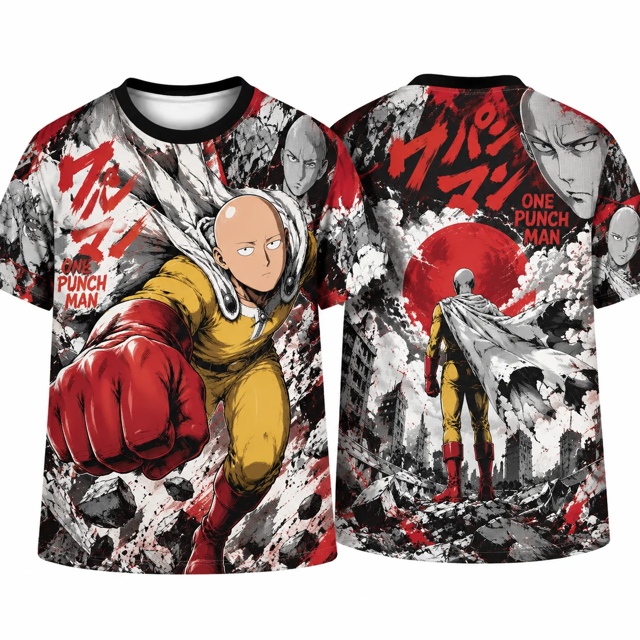 Dual Sided Bald Superhero Print Tee Unisex Cape Fighter Red Fist City Ruin Grunge Art Casual Oversized Graphic Tshirt Popular