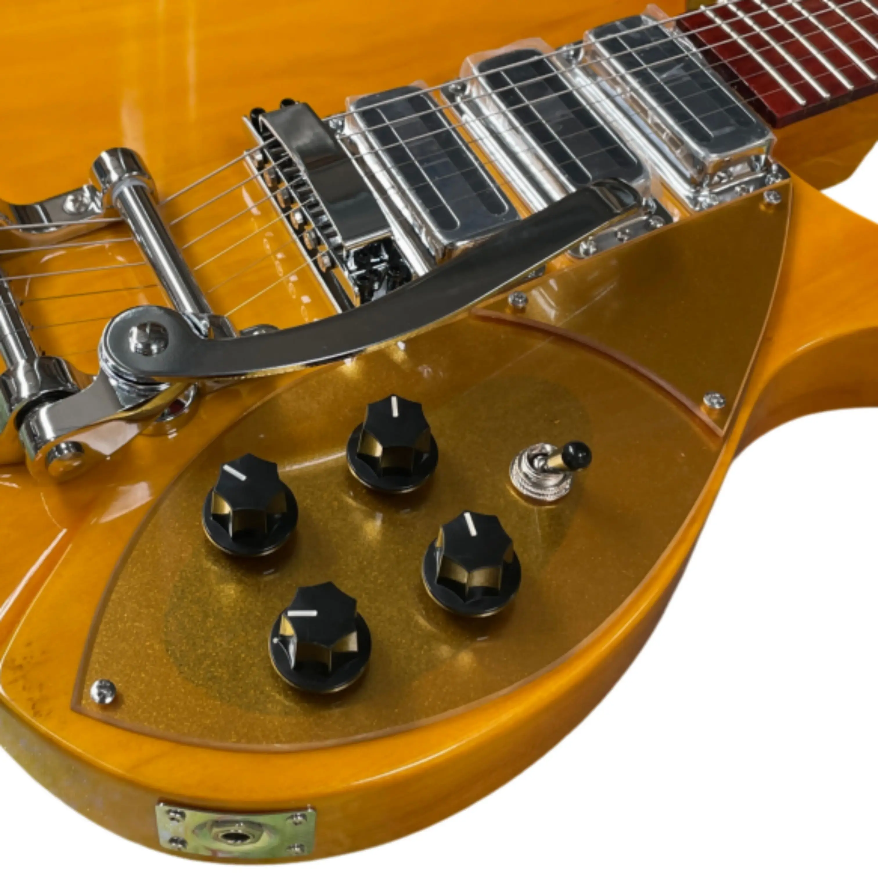 Amber Yellow Gloss Electric Guitar, Gold Glitter Pickguard Guitars, 3 Pickups with Vibrato System for Live Band Playing Guitarra