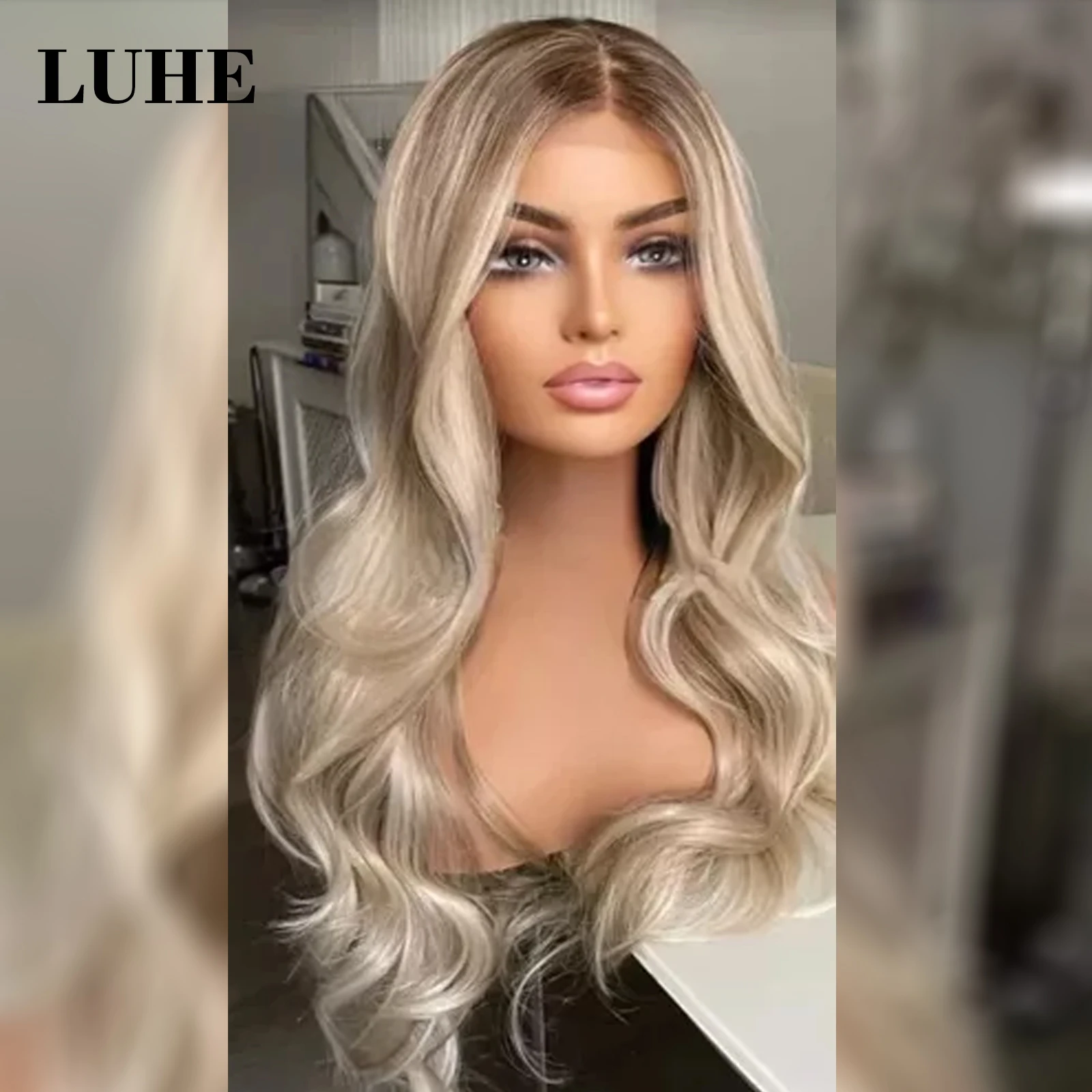 Perruque Lace Frontal Wig synthétique ondulée naturelle, cheveux ombrés blond cendré à reflets 13x3, racines brunes, usage quotidien pour femmes