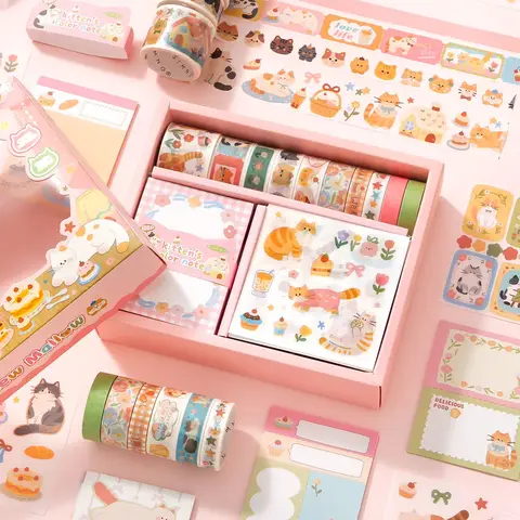 1Set Mew Mallow Memo Tape Sticker Gift Set, Cute Kitty Stationery Supplies for Handcraft Decoration